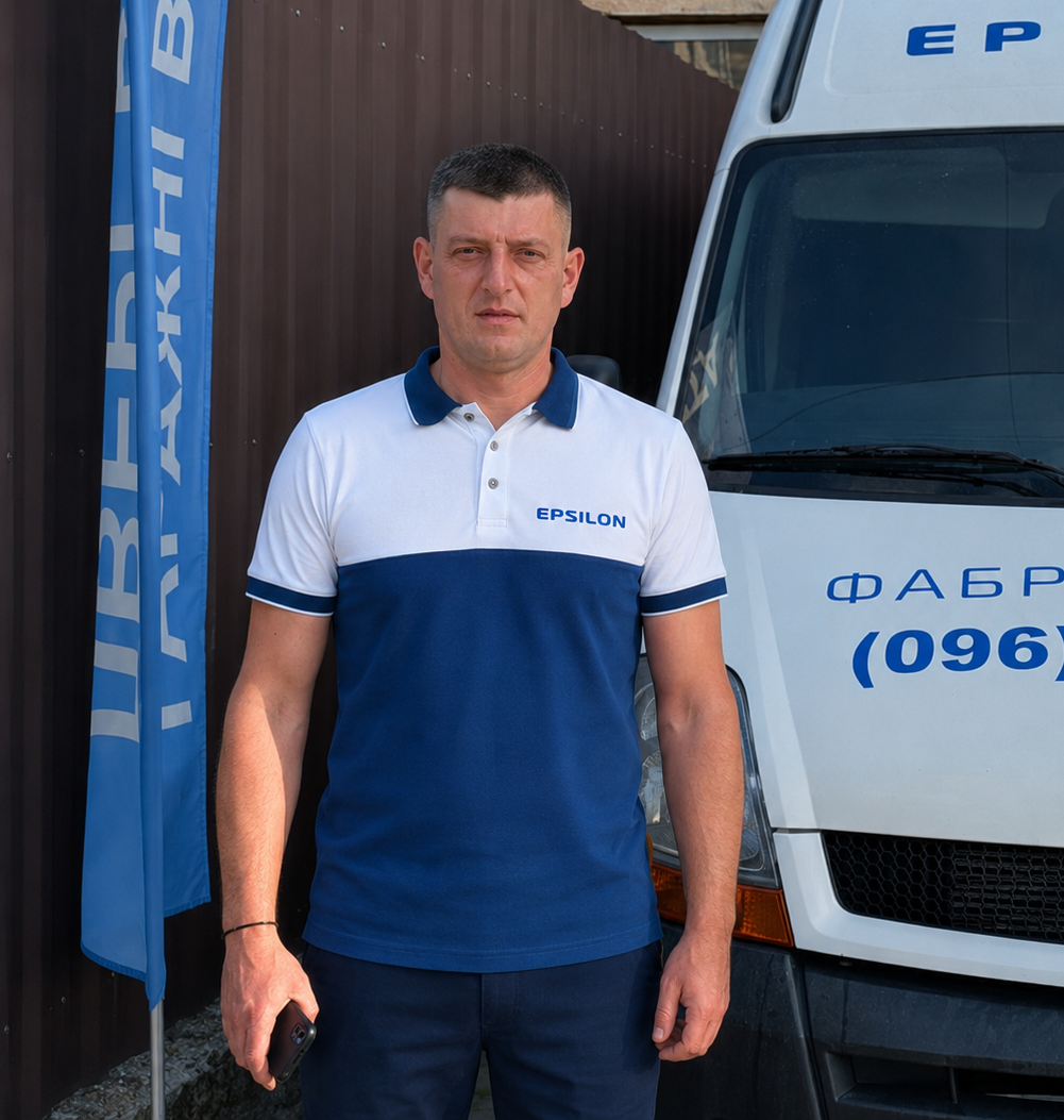 Власник Epsilon у фірмовій поло біля брендованого сервісного авто